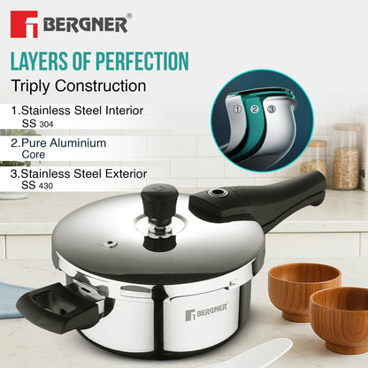 Bergner Argent Triply Stainless Steel Pressure Cooker | 2.5 Litres | Sturdy Handle |
