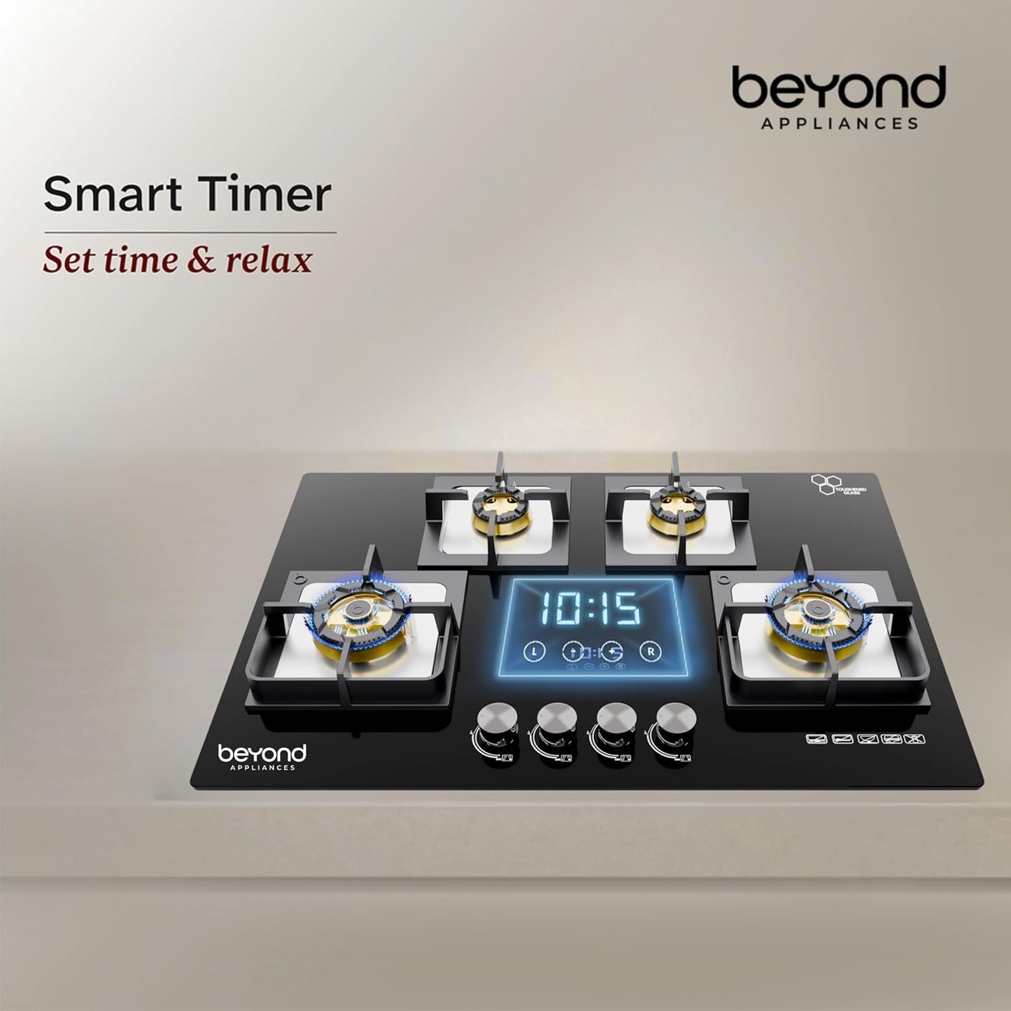 Beyond Appliances Dorado 4 Burner Smart Glass Hobtop Gas Stove | Auto Ignition | Digital Timer |