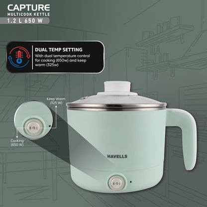 Havells Capture | 1.2 L | Multi-Cook Electric Kettle with Steamer | 650W | 304 Stainless Steel |