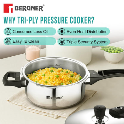 Bergner Argent Triply Stainless Steel Pressure Cooker | 2.5 Litres | Sturdy Handle |