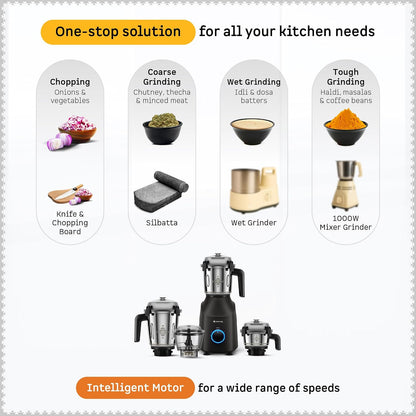 Atomberg Tavi Mixer Grinder | 4 Jars Including Chopper Jar | Unique Coarse Mode for Silbatta-Like Texture |