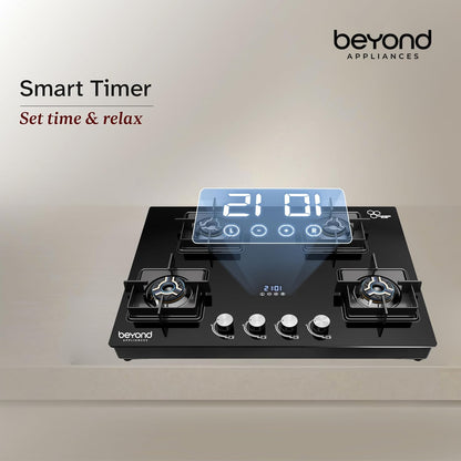Beyond Appliances Solaria 4 Burner Smart Gas Stove | Auto Ignition| Digital Timer & Flame Failure Device | Full Brass Burners | Toughened Glass | ISI Certified |