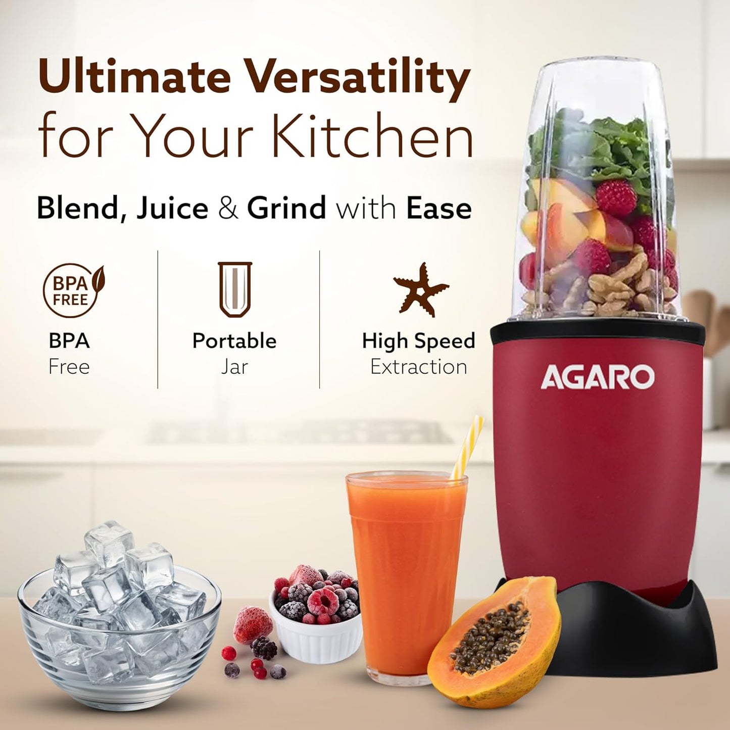 Agaro Regal 3 Jar Personal Blender | 400 Watts | Red & Black |