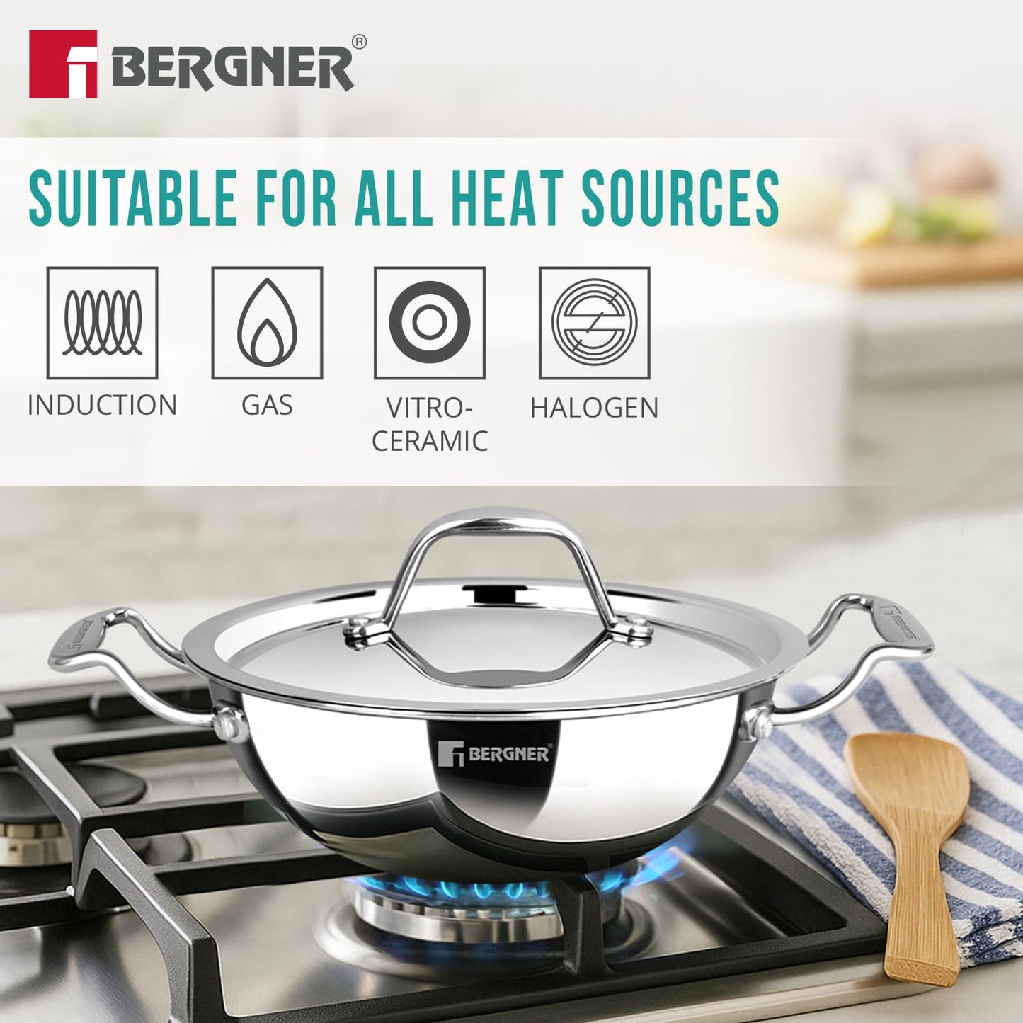 Bergner Argent Junior Triply Kadai with Stainless Steel Lid | 18cm | 1.5 Litre | Faster & Even Heat |
