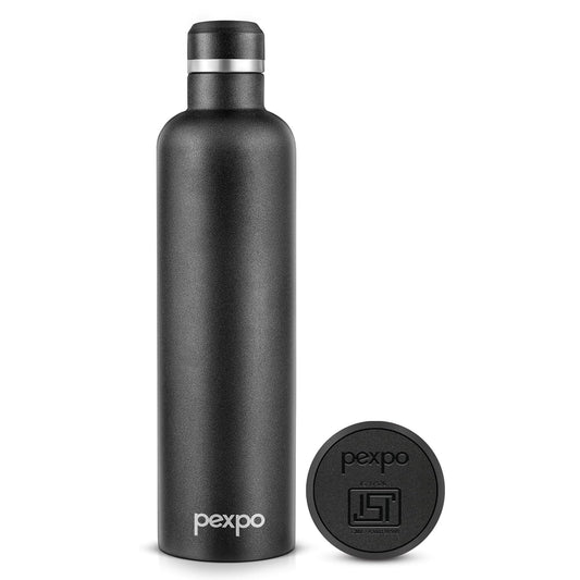 Pexpo Stainless Steel Water Bottle | 1 L | Hot and Cold Flask | Black |