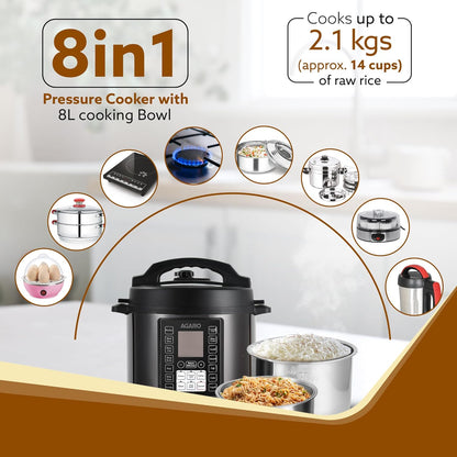 Agaro Imperial Rice Cooker | 8 Litres | 14 Preset Multi-cooking Functions | SS Pot | Black |