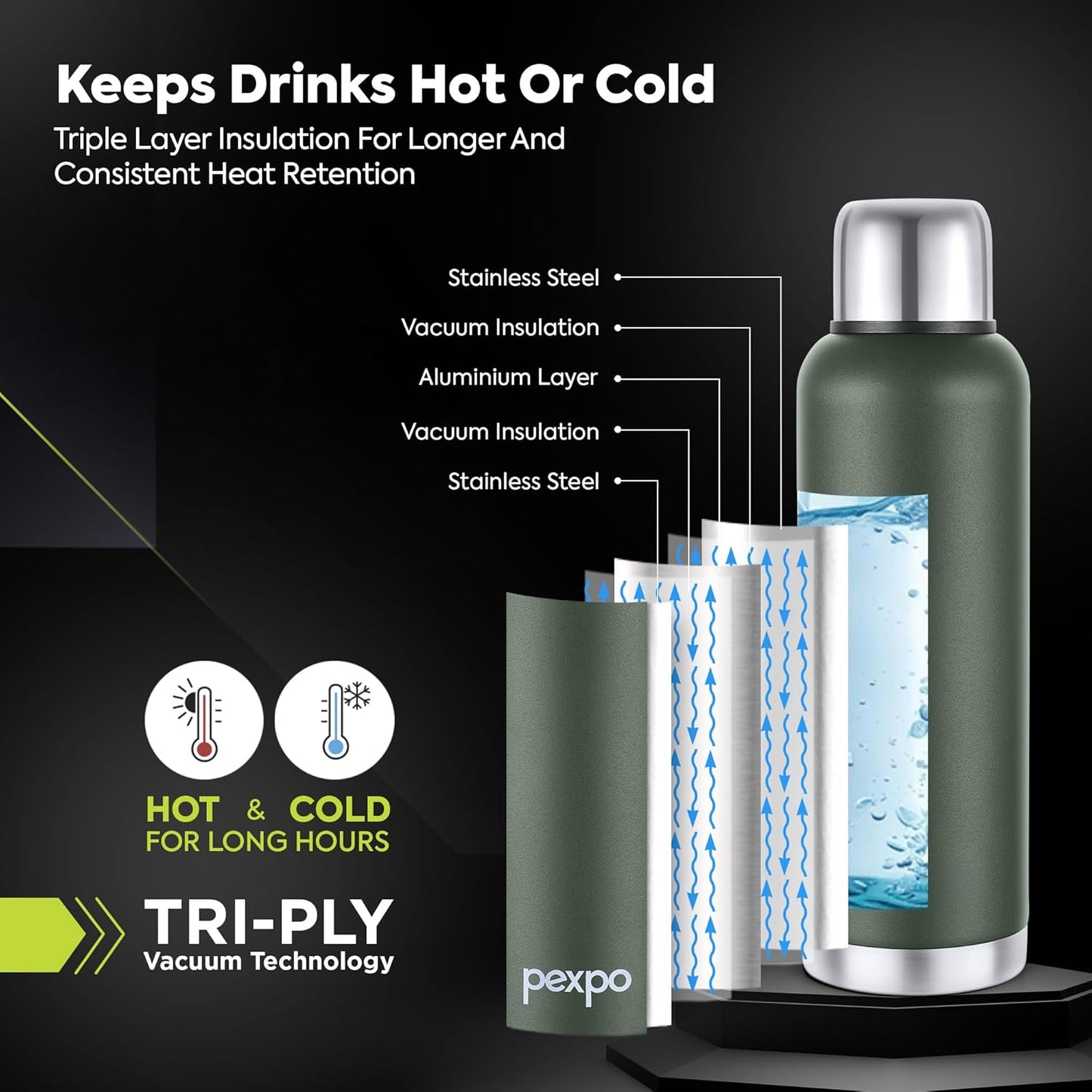 Pexpo Thermos Flask Water Bottle | 1000 ml | Military Green |