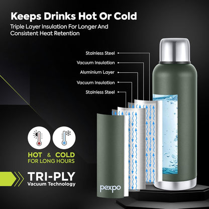 Pexpo Thermos Flask Water Bottle | 1000 ml | Military Green |