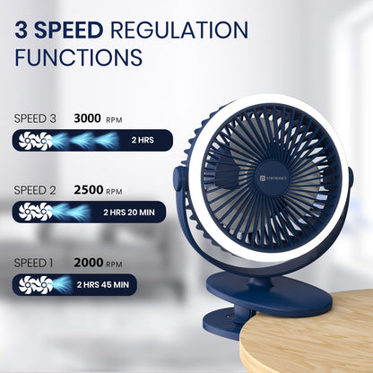 Portronics Clipcool Adjustable Portable Fan with Ring LED Light | 360° Rotation | 3 Speed | Blue |