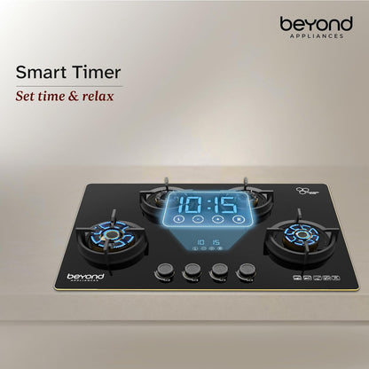 Beyond Appliances Altair 4 Burner Glass Gas Stove | Auto Ignition | Digital Timer | Toughened Glass |