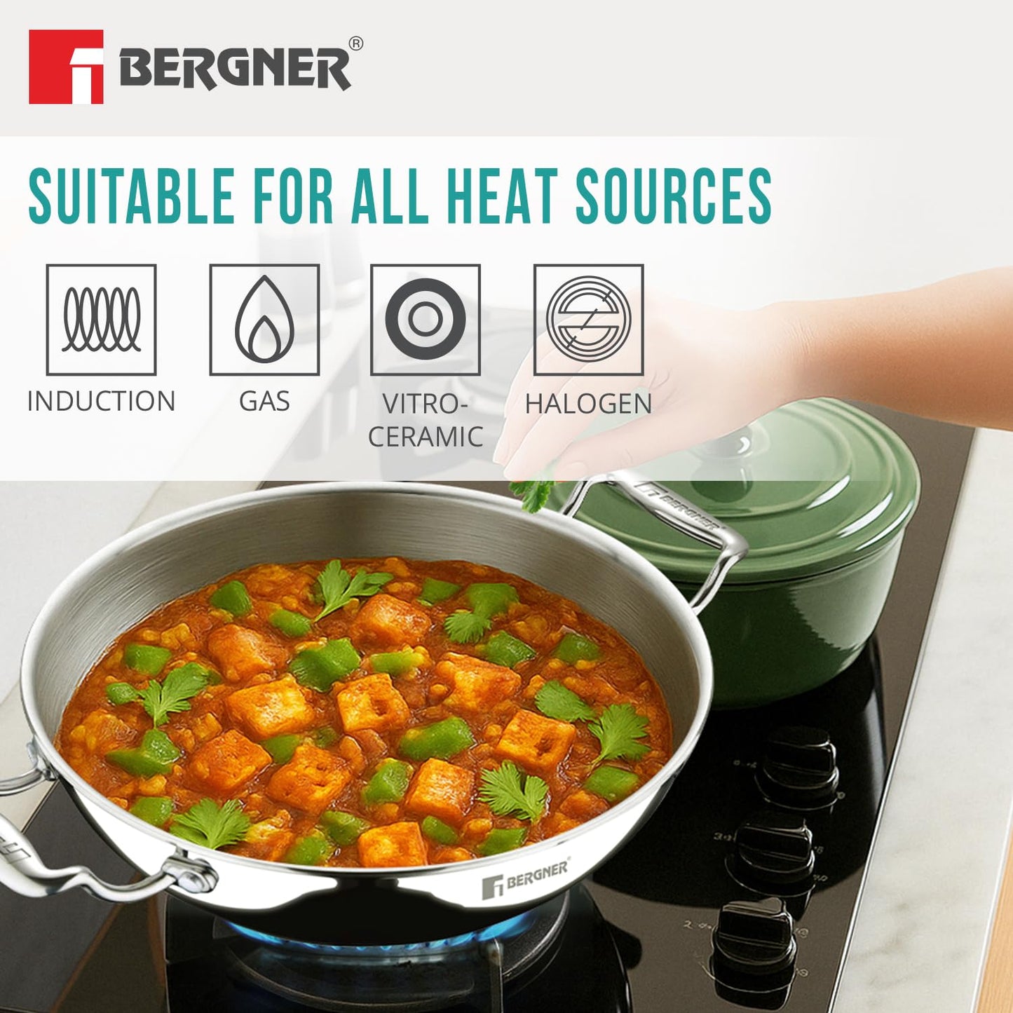 Bergner Argent Triply Deep Kadai with Stainless Steel Lid | Even Heat Distribution |