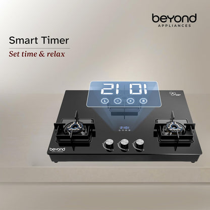 Beyond Appliances Solaria 3 Burner Smart Gas Stove | Auto Ignition| Digital Timer & Flame Failure Device | Full Brass Burners | Toughened Glass | ISI Certified |