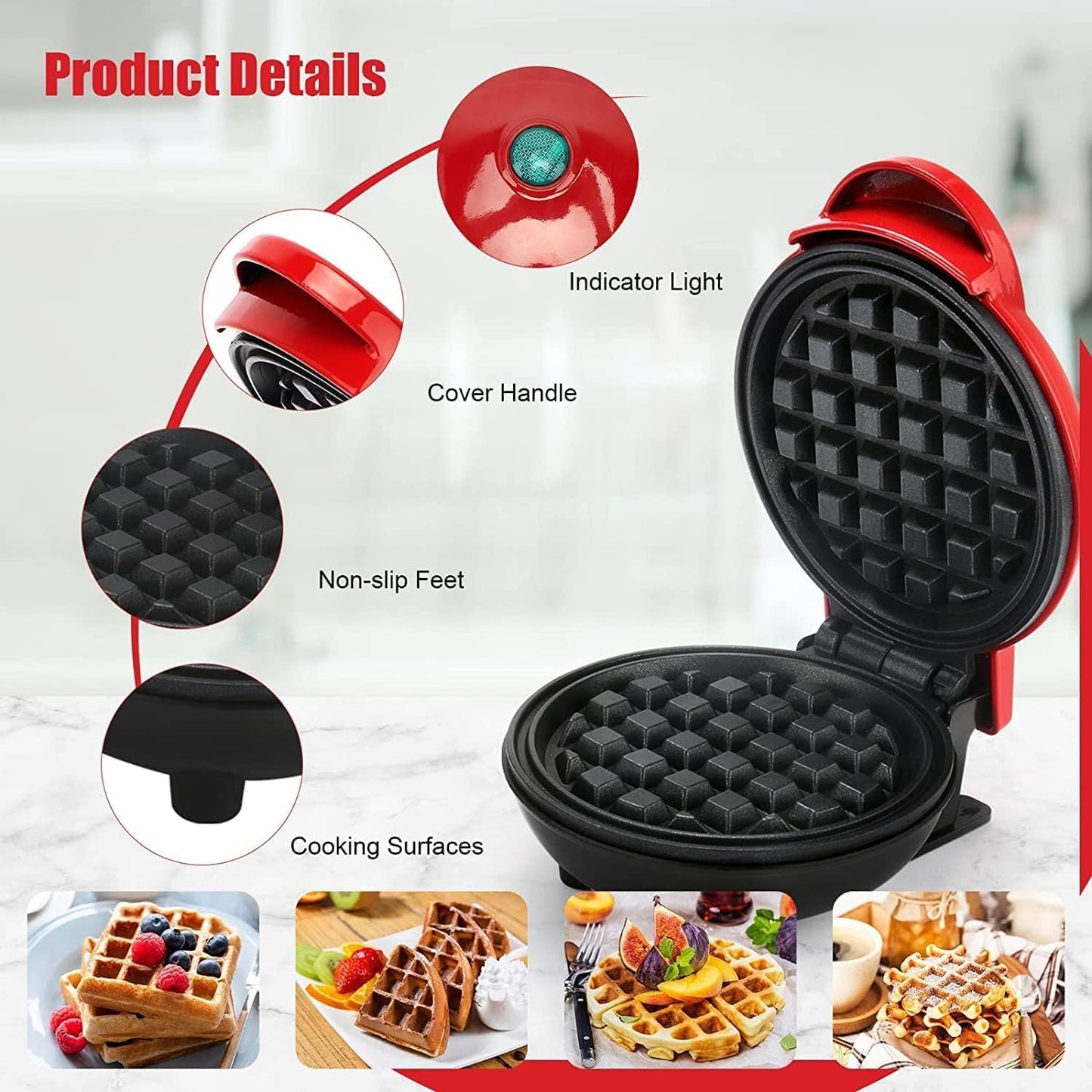 Mini Waffle Maker | Non-Stick | Double Sided Heating Plates | Red |