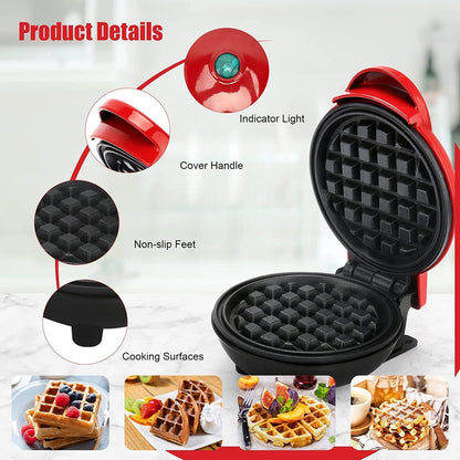 Mini Waffle Maker | Non-Stick | Double Sided Heating Plates | Red |