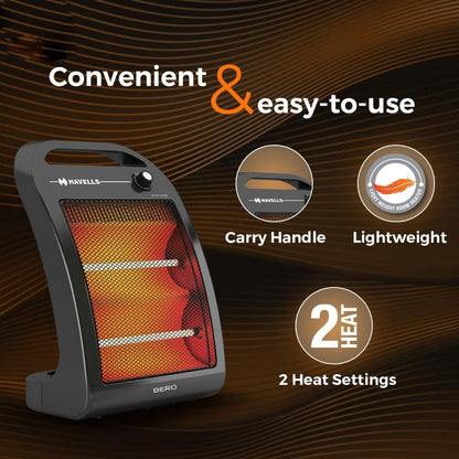 Havells Bero Quartz Heater | Black | 800 watt | 2 Heat Settings |
