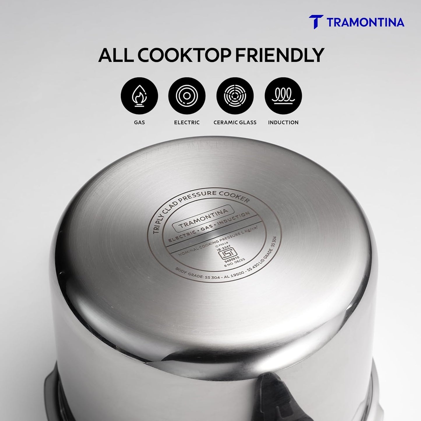 Tramontina Tri-Ply Stainless Steel Pressure Cooker | 3 Litre | Food-Grade SS304 |