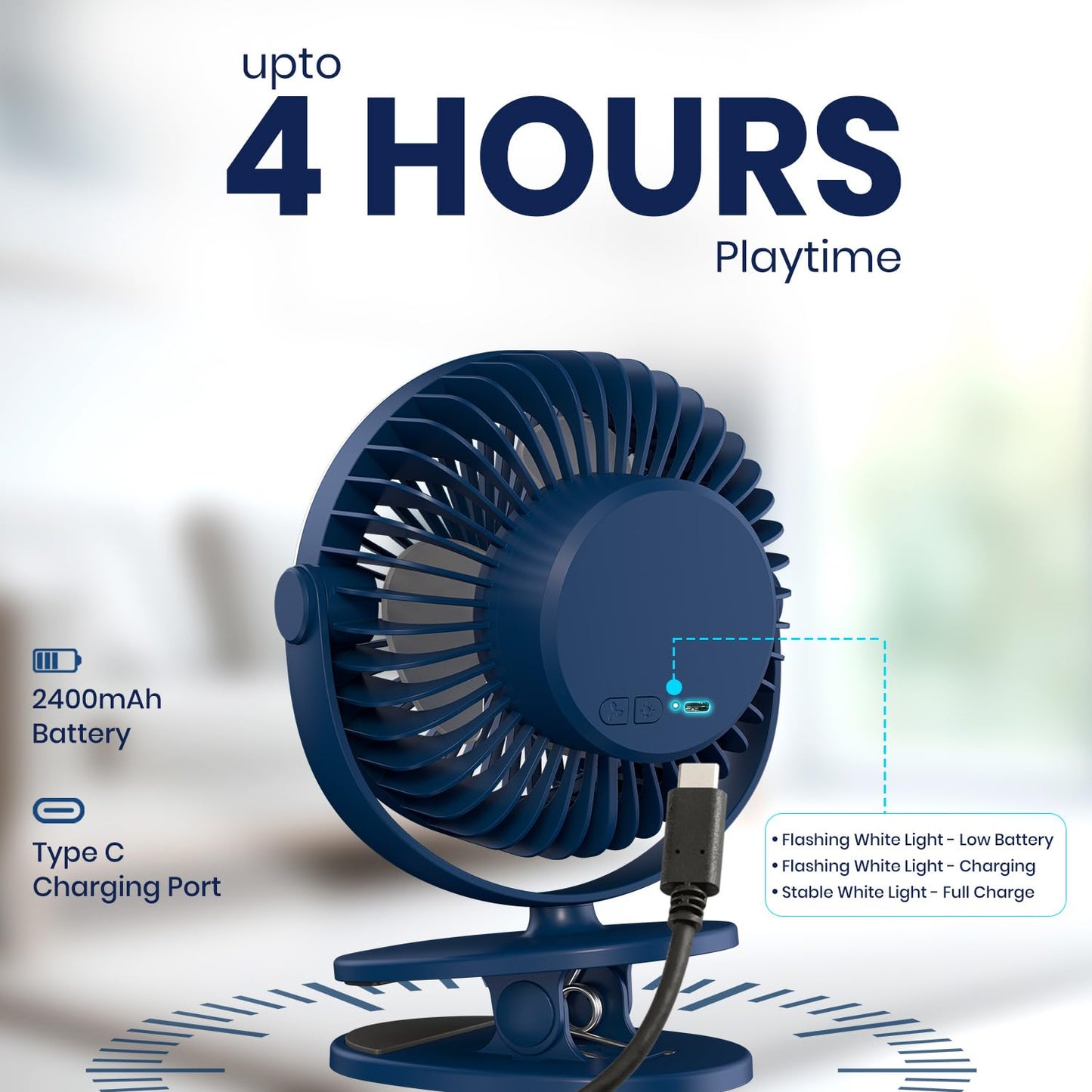 Portronics Clipcool Adjustable Portable Fan with Ring LED Light | 360° Rotation | 3 Speed | Blue |