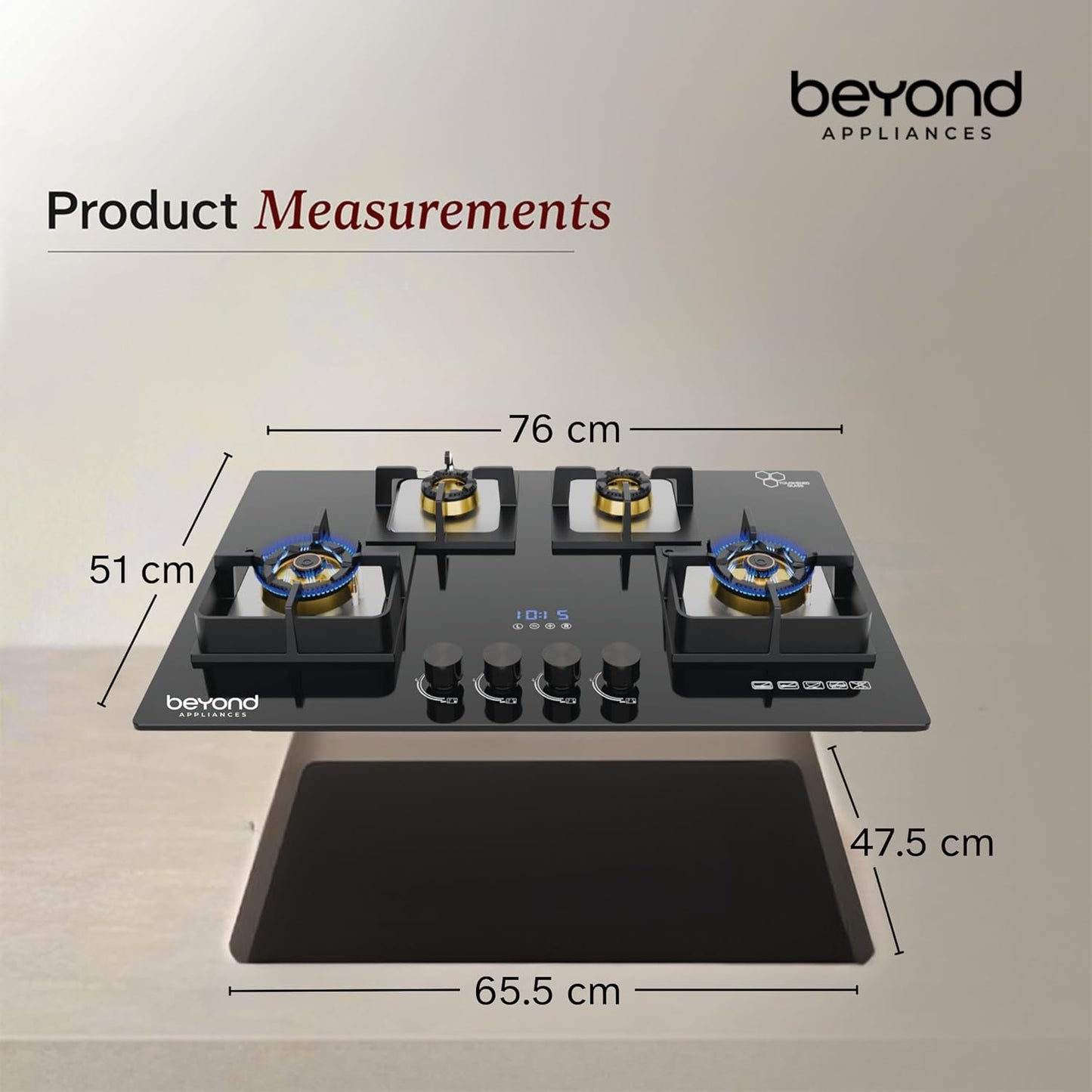 Beyond Appliances Dorado 4 Burner Smart Glass Hobtop Gas Stove | Auto Ignition | Digital Timer |