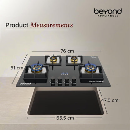 Beyond Appliances Dorado 4 Burner Smart Glass Hobtop Gas Stove | Auto Ignition | Digital Timer |