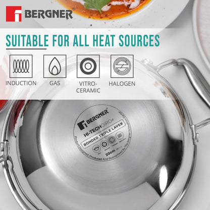 Bergner Hi-Tech Grio X Ceramic Kadai with Glass Lid | 20 cm | 1.5 Litres | Metal Spatula Safe |