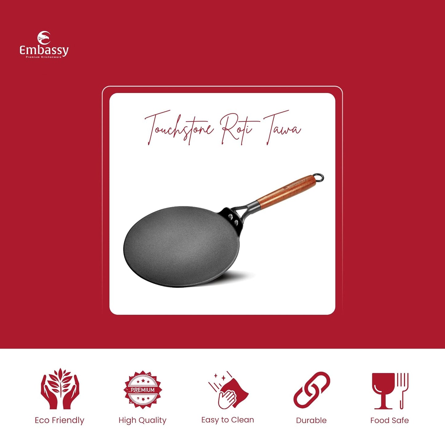 Embassy Touchstone Cast Iron Roti Tawa with Wooden Handle | Induction & gas Stove Compatible |