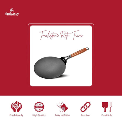 Embassy Touchstone Cast Iron Roti Tawa with Wooden Handle | Induction & gas Stove Compatible |