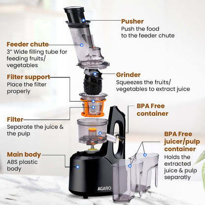 Agaro Royal All-in-1 Fruits & Vegetables Slow Juicer | 240W | Black |