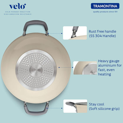 Tramontina Velo Forged Deep Kadai | 28 cm | Glass Lid | Silicone Grip Handles | Cook & Serve |