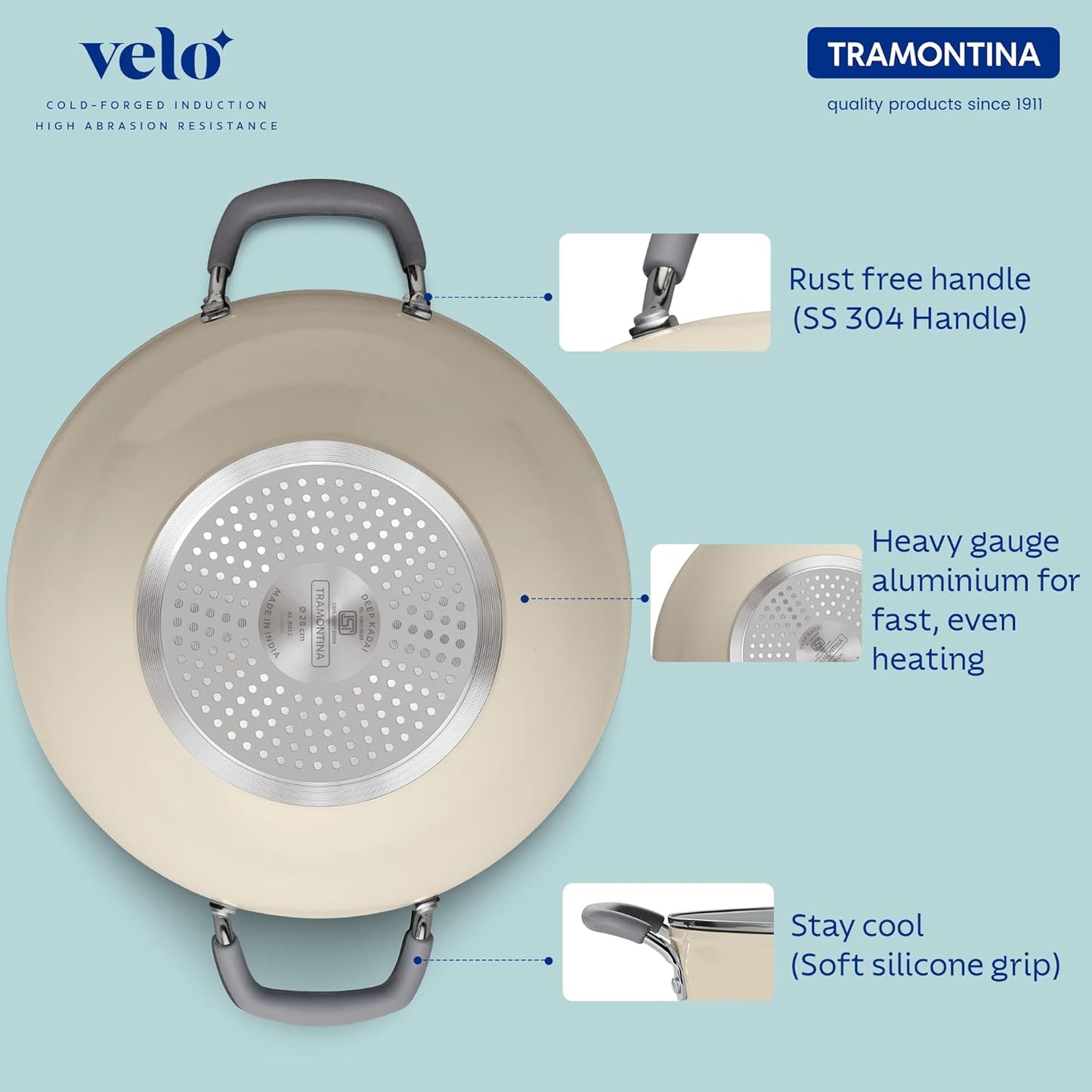 Tramontina Velo Forged Deep Kadai | 22 cm | Glass Lid | Silicone Grip Handles | Cook & Serve |