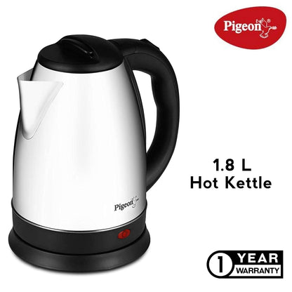 Pigeon Hot Stainless Steel Electric Kettle | 1.8 Litre | 1300 Watts | Automatic Shut Off | Silver |
