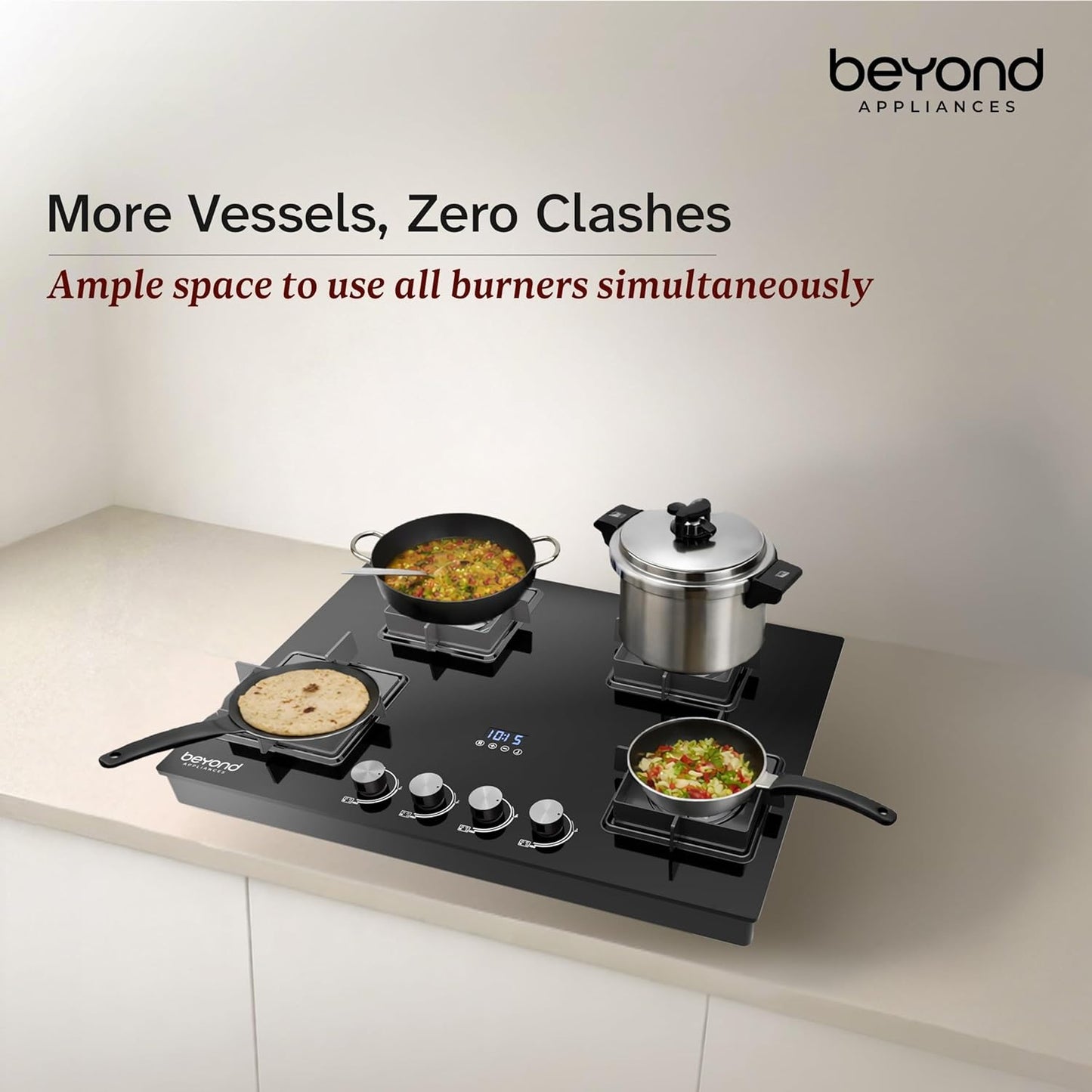 Beyond Appliances Solaria 4 Burner Smart Gas Stove | Auto Ignition| Digital Timer & Flame Failure Device | Full Brass Burners | Toughened Glass | ISI Certified |