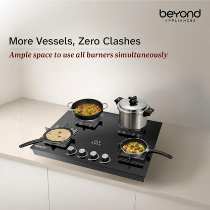Beyond Appliances Solaria 4 Burner Smart Gas Stove | Auto Ignition| Digital Timer & Flame Failure Device | Full Brass Burners | Toughened Glass | ISI Certified |