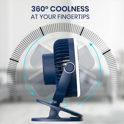 Portronics Clipcool Adjustable Portable Fan with Ring LED Light | 360° Rotation | 3 Speed | Blue |