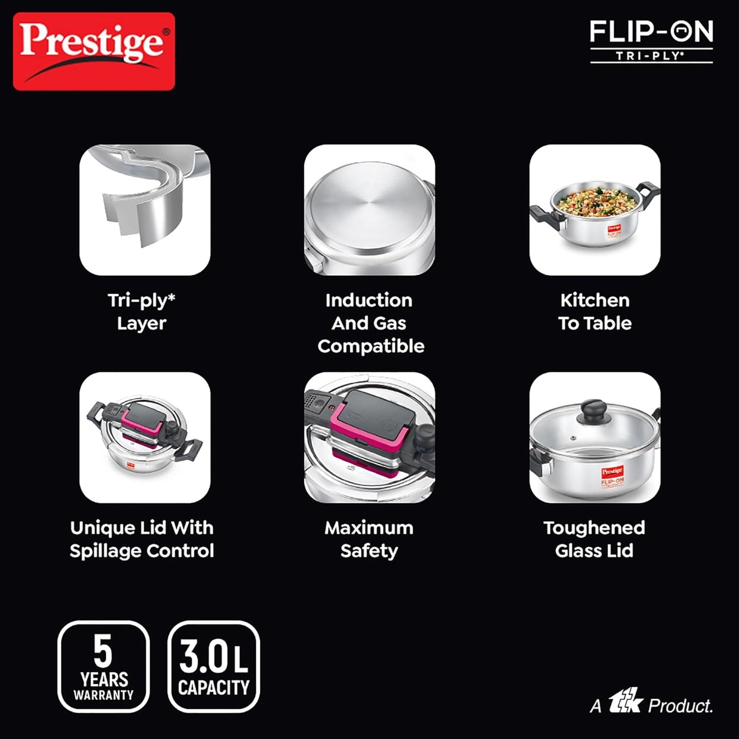 Prestige Flip Triply Pressure Cooker | Glass Lid | Deep Lid | 3 Litre |