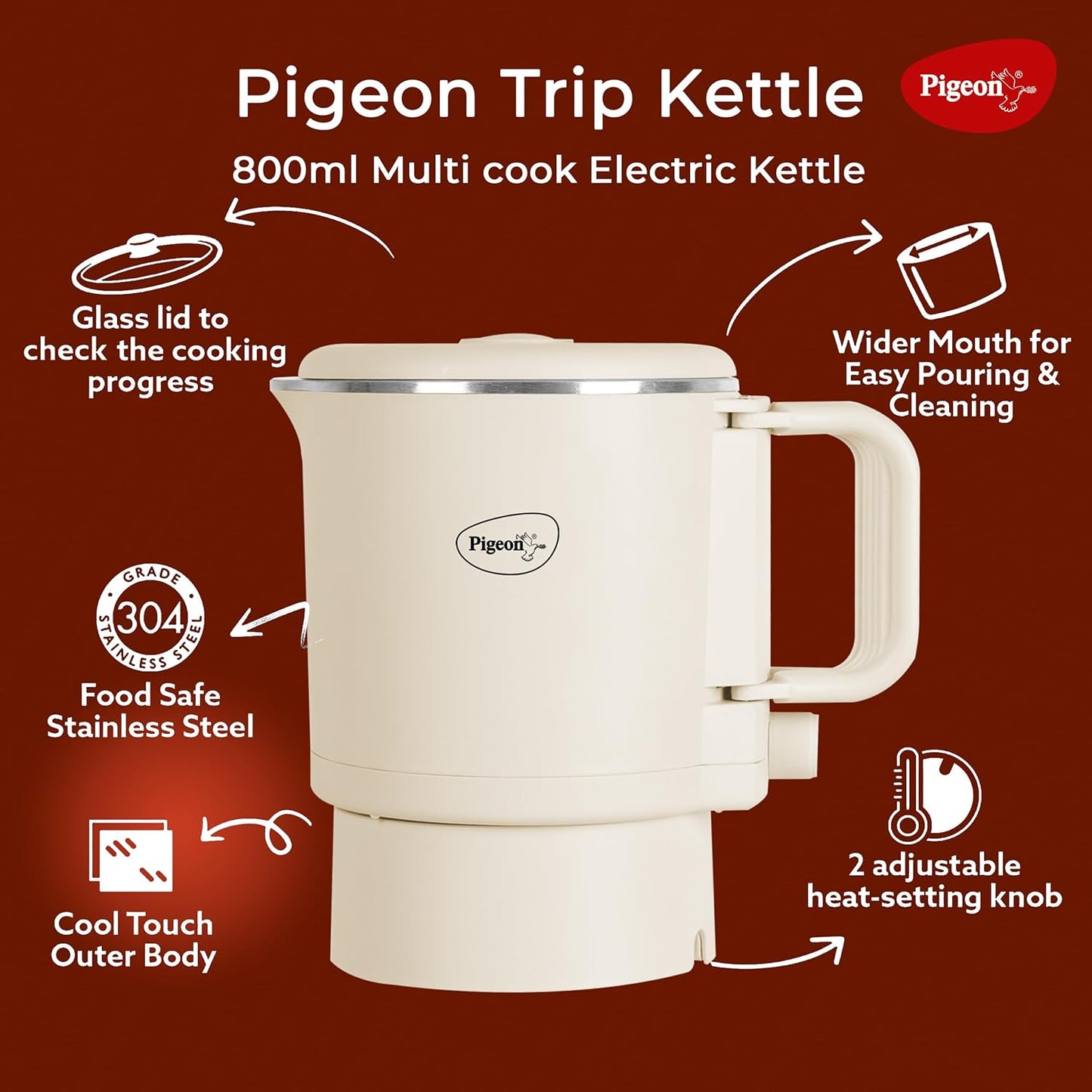 Pigeon Multicook Stainless Steel Travel Kettle | 0.8 Litre | 600 Watts | Cream | Heat Ressitant Handle |