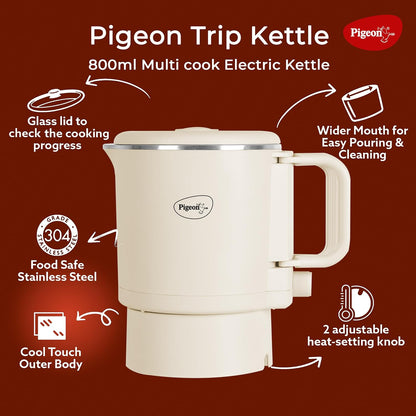 Pigeon Multicook Stainless Steel Travel Kettle | 0.8 Litre | 600 Watts | Cream | Heat Ressitant Handle |
