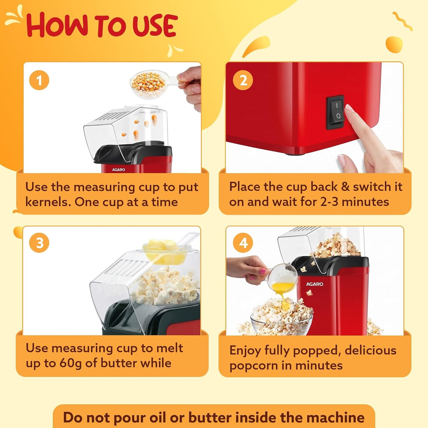 AGARO Delite Electric Popcorn Maker | 1200W | Oil-Free Healthy Snacks |