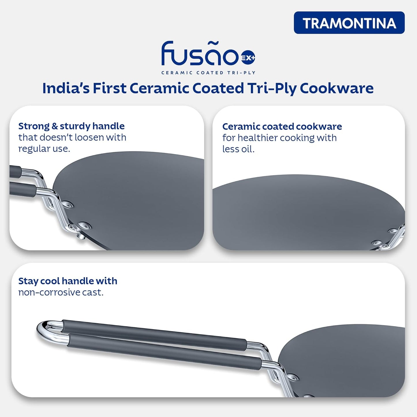 Tramontina Fusao Ex Triply Stainless Steel Ceramic Coated Concave Tawa |  26 cm | 10 Year Warranty |