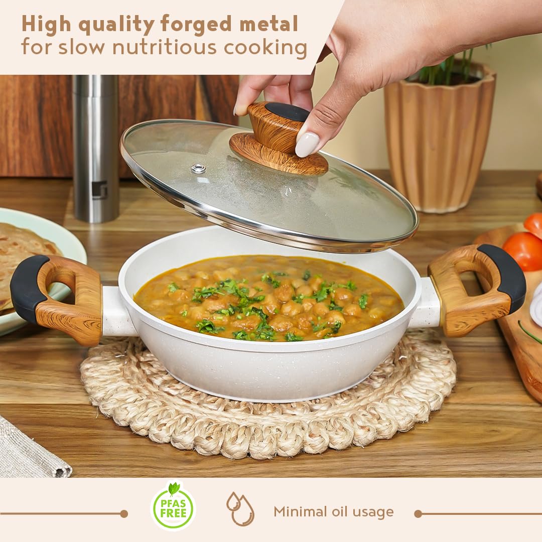 Bergner Naturally Forged Aluminum Kadai with Glass Lid | 28 cm | 3.3 Liters | Non-Stick |