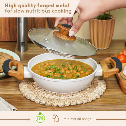 Bergner Naturally Forged Aluminum Kadai with Glass Lid | 28 cm | 3.3 Liters | Non-Stick |