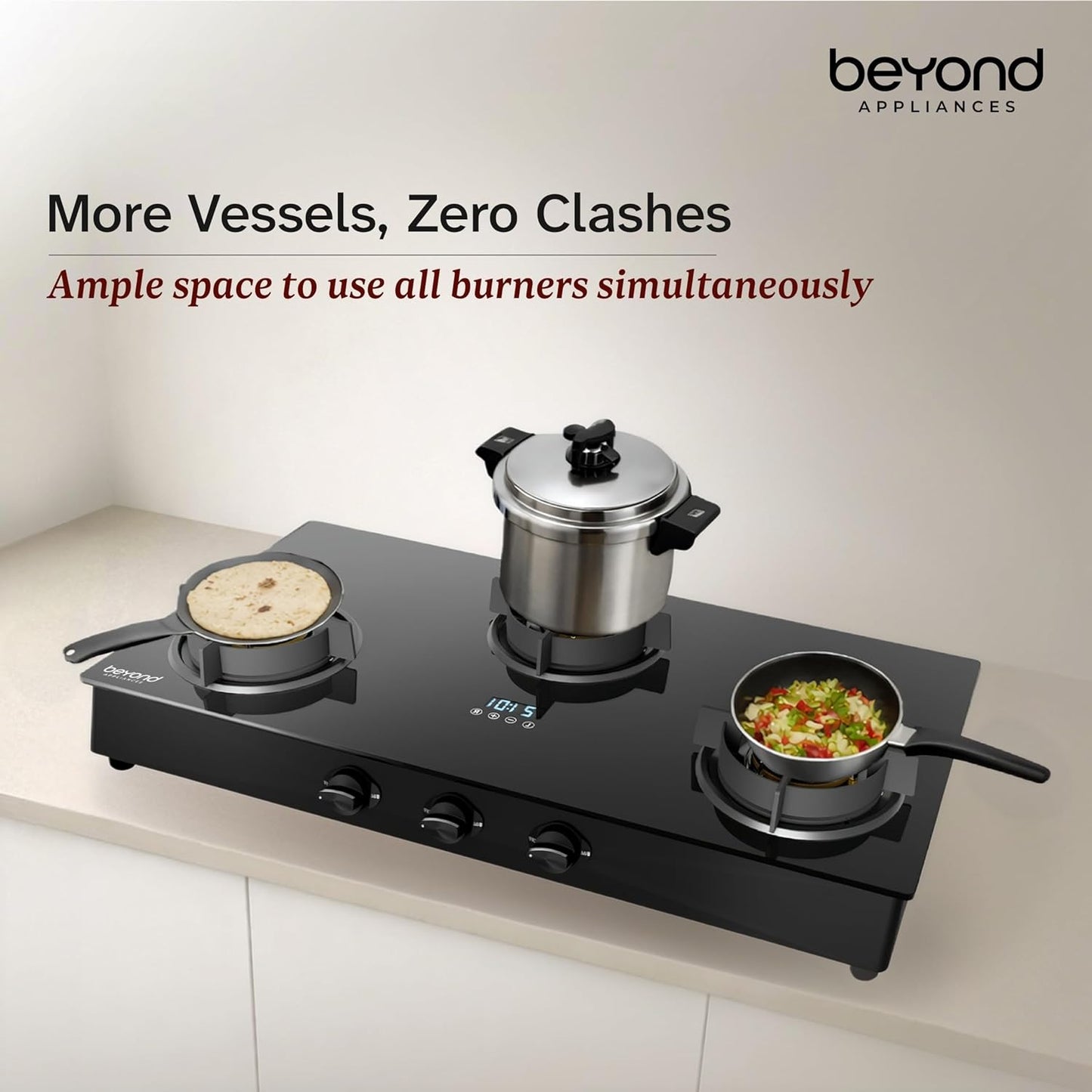 Beyond Appliances Auriga Pro 3-Burner  Auto Ignition | Smart Digital Timer | 5D Full Brass Burners |
