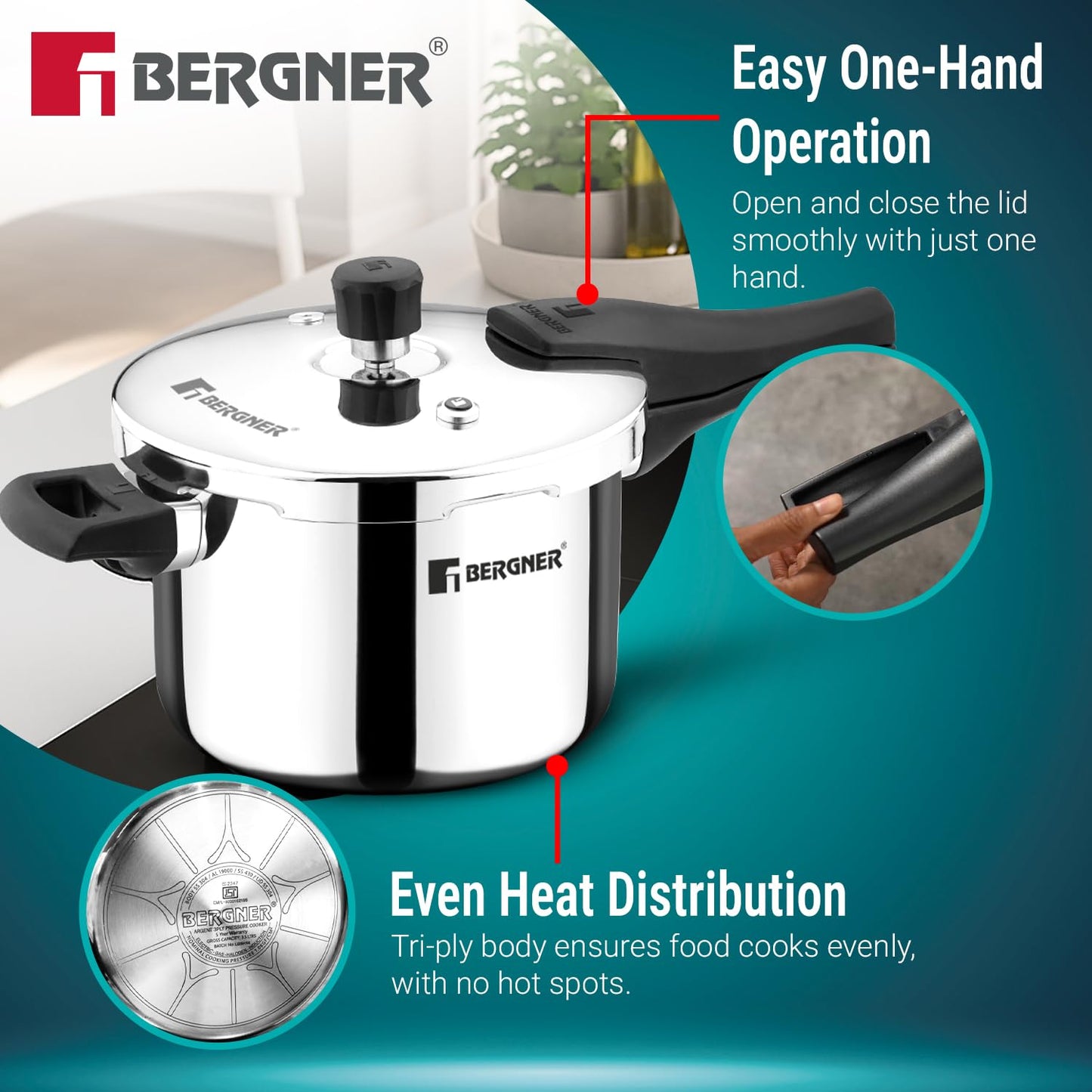 Bergner Argent Triply Pressure Cooker | 8 Litre | Outer Lid | Sturdy Handle |