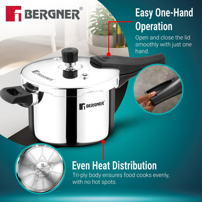 Bergner Argent Triply Pressure Cooker | 8 Litre | Outer Lid | Sturdy Handle |