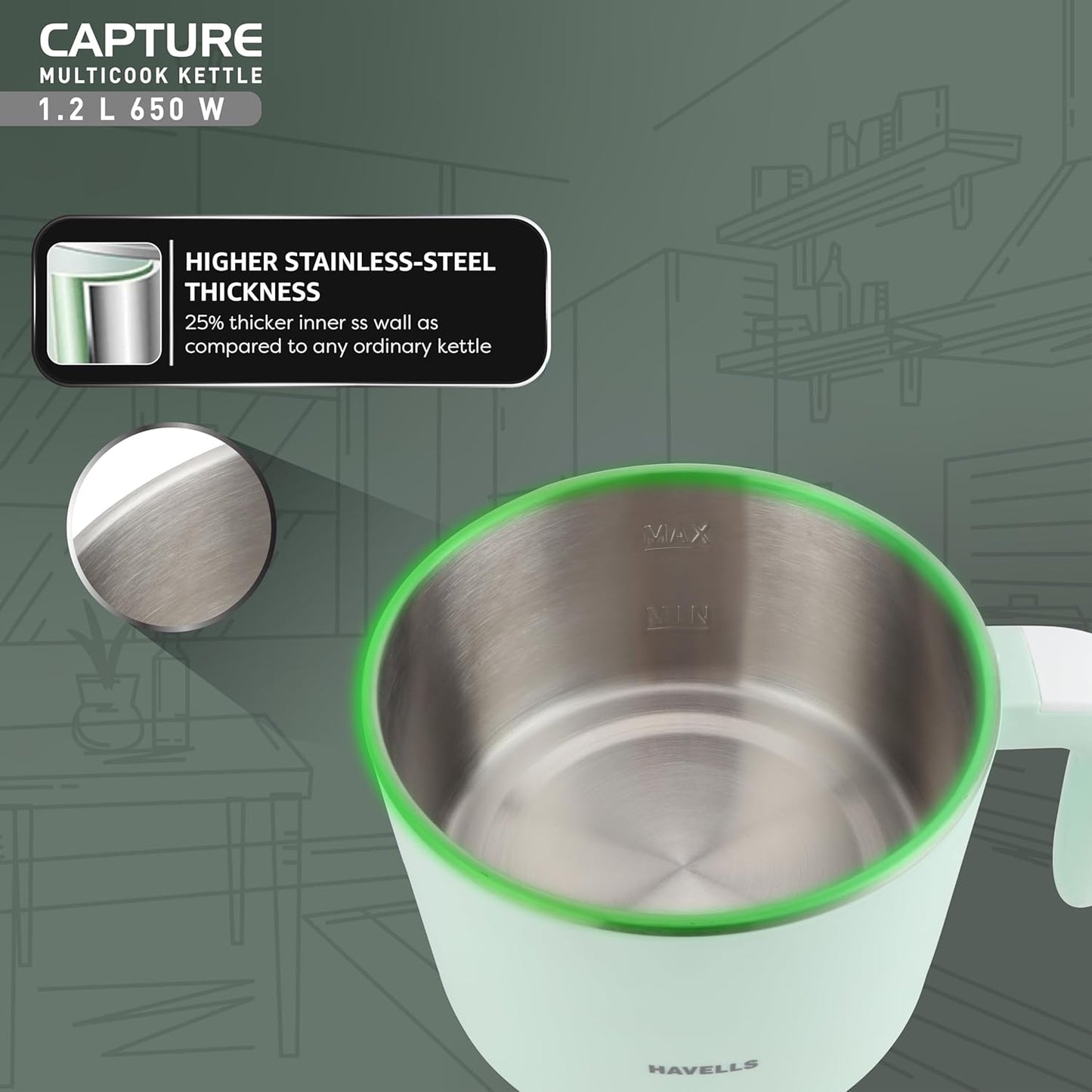 Havells Capture | 1.2 L | Multi-Cook Electric Kettle with Steamer | 650W | 304 Stainless Steel |