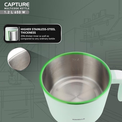 Havells Capture | 1.2 L | Multi-Cook Electric Kettle with Steamer | 650W | 304 Stainless Steel |