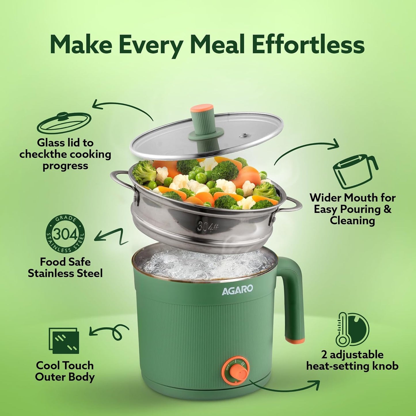 Agaro Regency Multi Cook Kettle With Steamer | 1.2 L | Sea Green | 600 W |