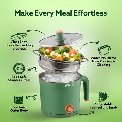Agaro Regency Multi Cook Kettle With Steamer | 1.2 L | Sea Green | 600 W |