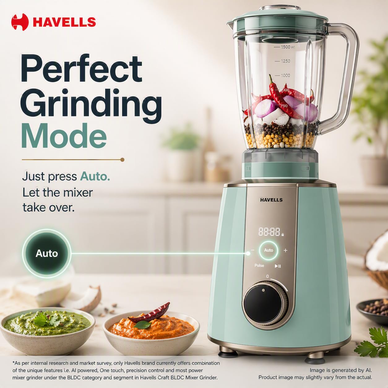 Havells CRAFT Mixer Grinder | 800W | 3 Jar | One Touch Grinding | Unique Touch Control |
