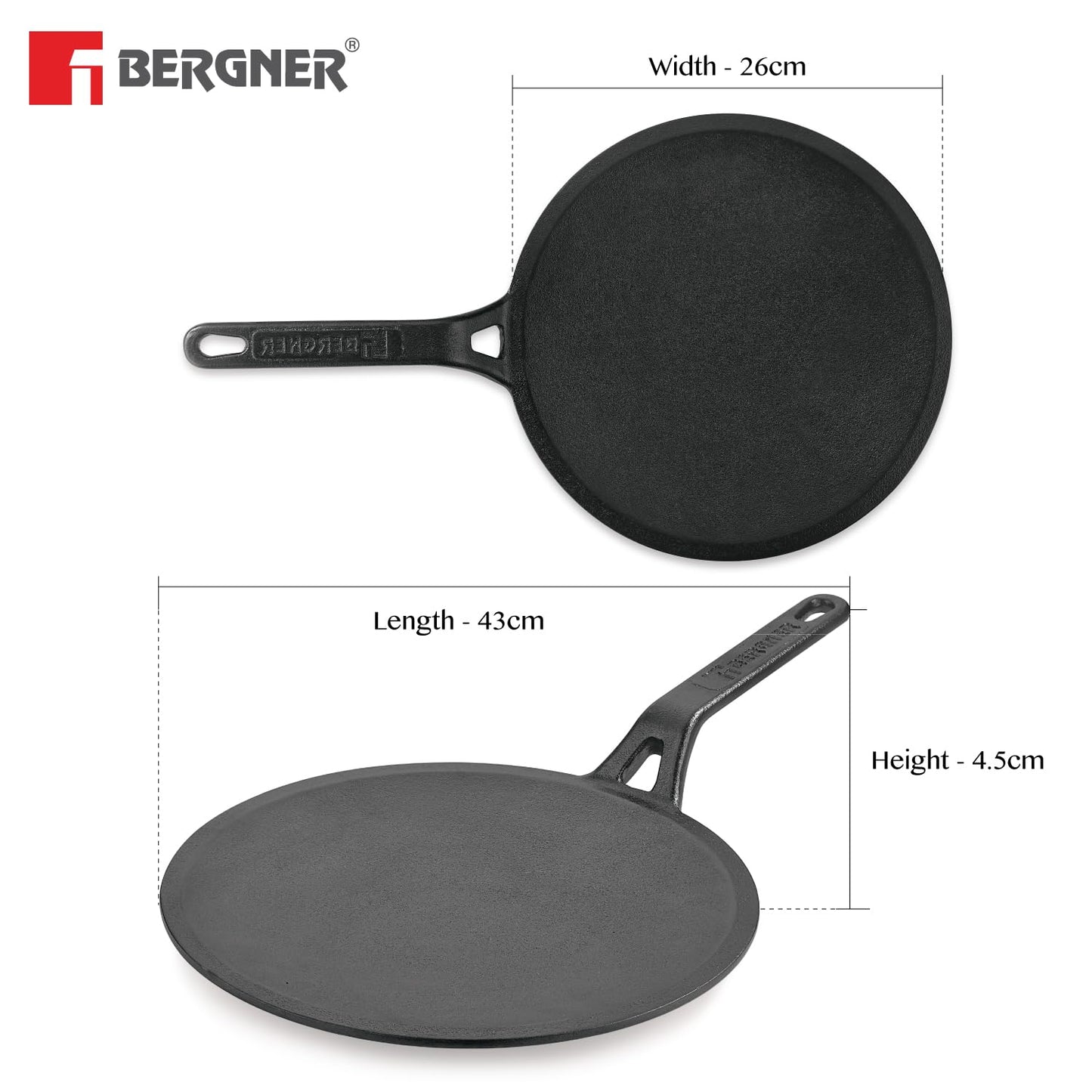 Bergner Eco Cast Iron Roti Tawa | 26 cm | Comes with Silicone Sleeve | Pre-Seasoned Iron Tawa |