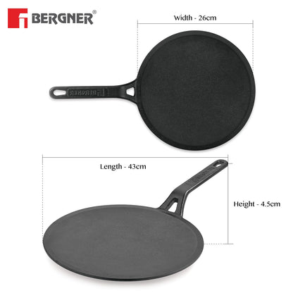 Bergner Eco Cast Iron Roti Tawa | 26 cm | Comes with Silicone Sleeve | Pre-Seasoned Iron Tawa |